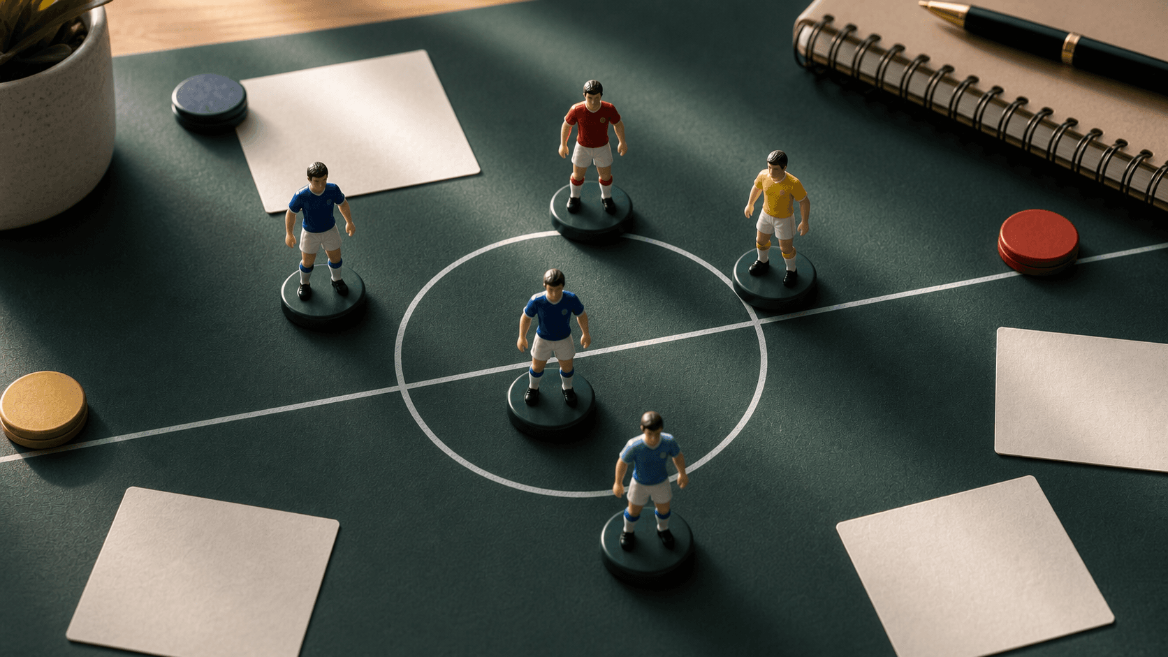 Five football figurines arranged around the centre circle of a fantasy draft tactics board