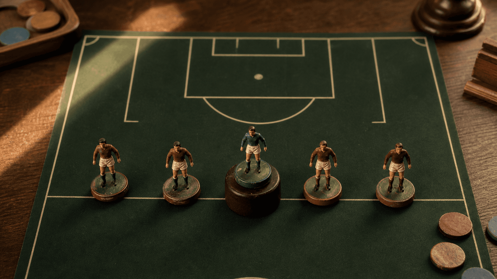 Five vintage football figurines arranged as a defensive line on a green fantasy draft board