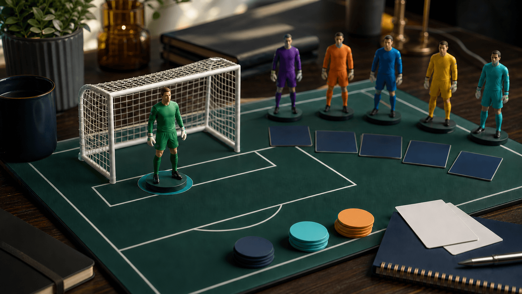 Goalkeeper figurines arranged as draft tiers around a miniature goal on a football tactics board