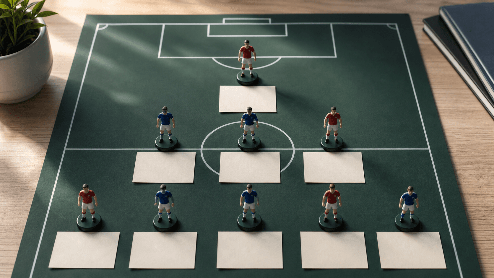 Football figurines arranged in striker tiers on a green fantasy draft board